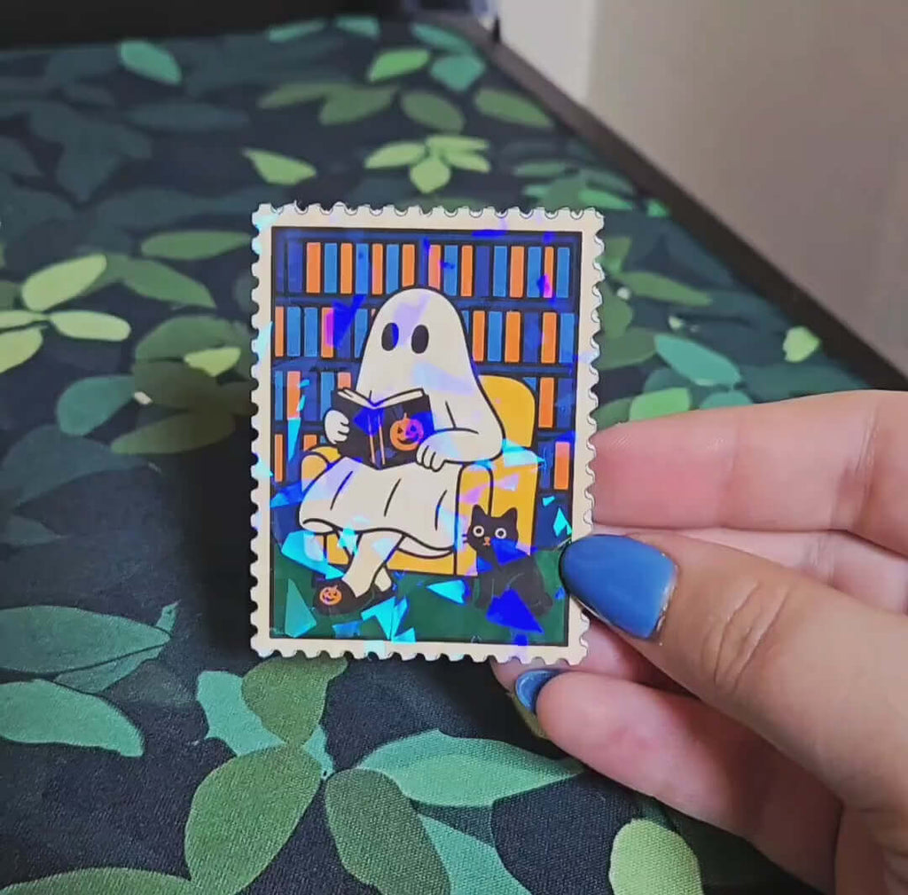 Holographic Library Ghost Sticker – Halloween Reading Vinyl Decal