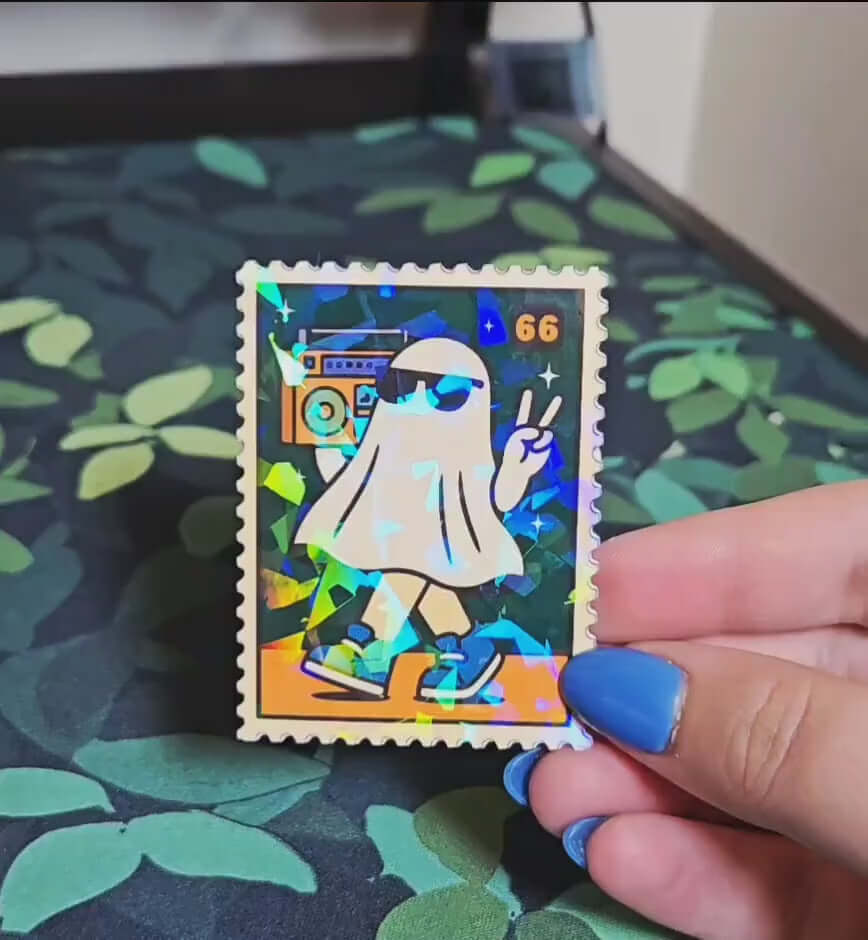 Holographic Cool Ghost Boombox Sticker – Retro Halloween Vinyl Decal