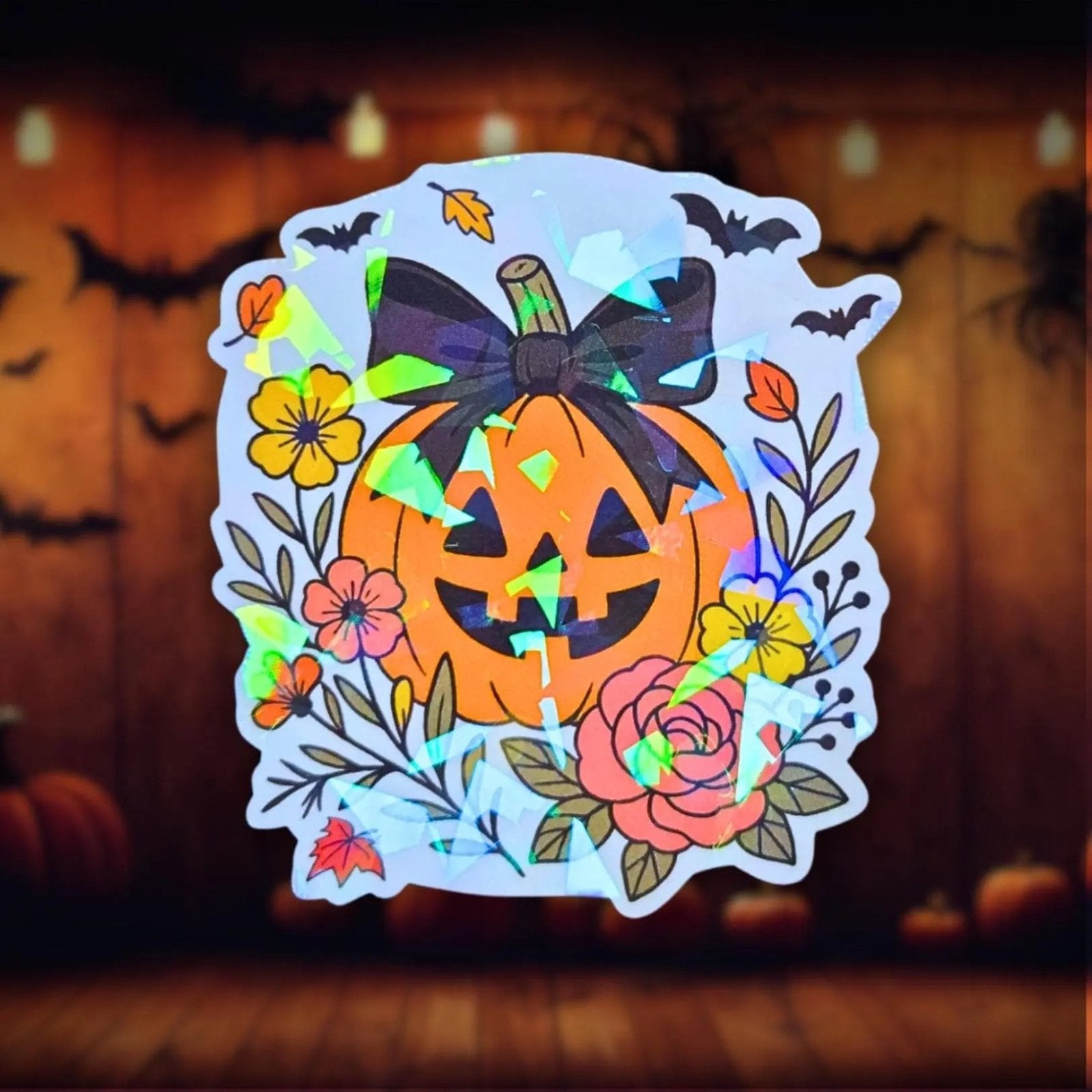 Pumpkin with Black Bow - Sticker - Holographic Sticker | The TabbyLoaf