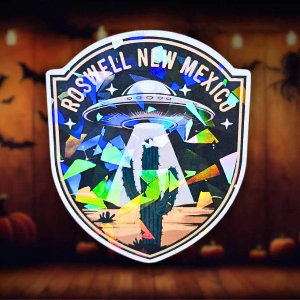 Roswell New Mexico UFO - Sticker Holographic Alien Abduction Desert Scene | Space Travel Souvenir Vinyl Sticker for Laptop, Water Bottle - Holographic Sticker | The TabbyLoaf