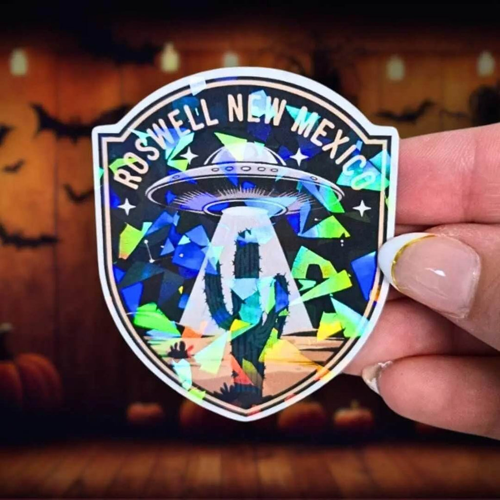 Roswell New Mexico UFO - Sticker Holographic Alien Abduction Desert Scene | Space Travel Souvenir Vinyl Sticker for Laptop, Water Bottle - Holographic Sticker | The TabbyLoaf