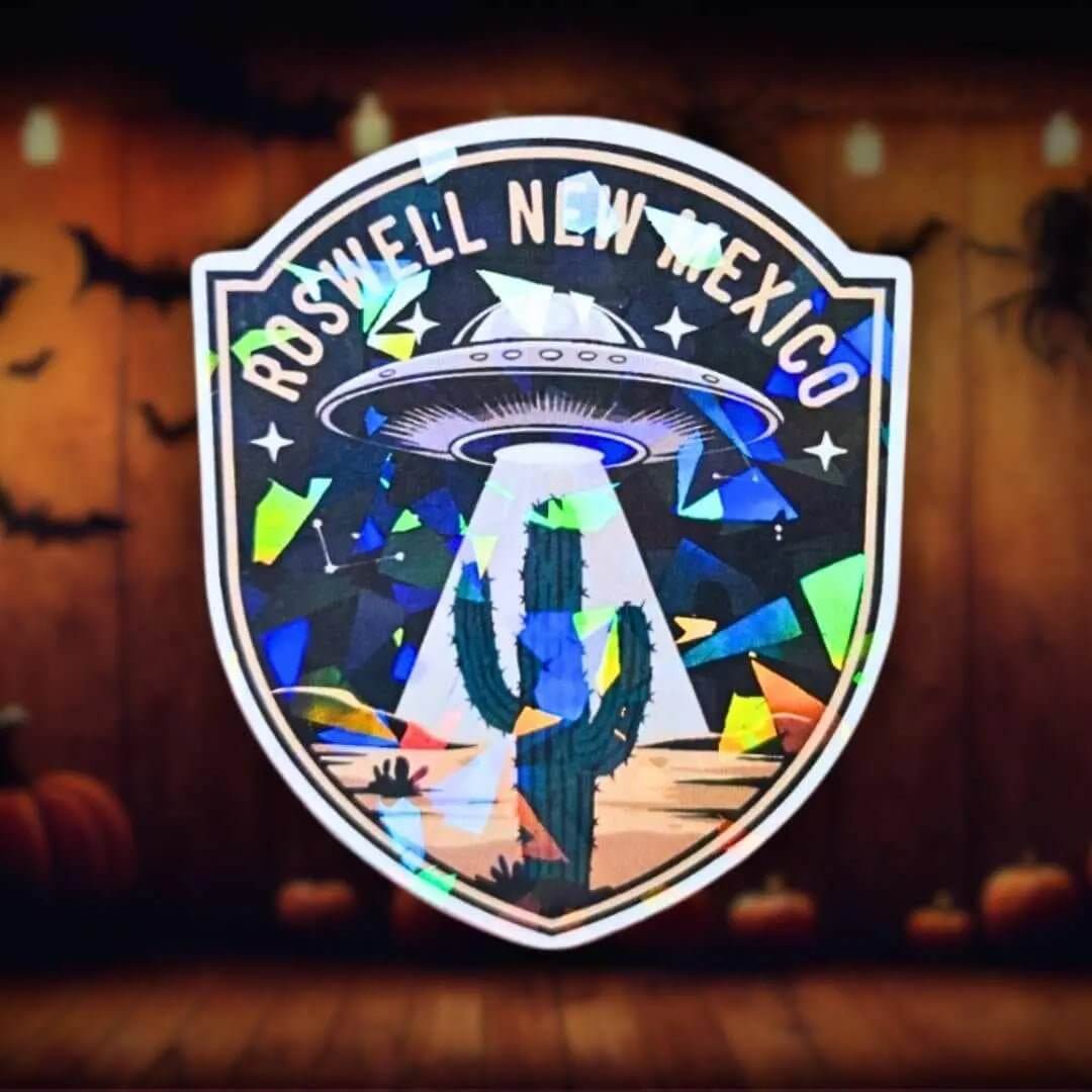 Roswell New Mexico UFO - Sticker Holographic Alien Abduction Desert Scene | Space Travel Souvenir Vinyl Sticker for Laptop, Water Bottle - Holographic Sticker | The TabbyLoaf