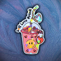 Gem holographic Self Love Drink sticker featuring pink cup with hearts and smiley face—cute affirmation design for journals and self‑care spaces.