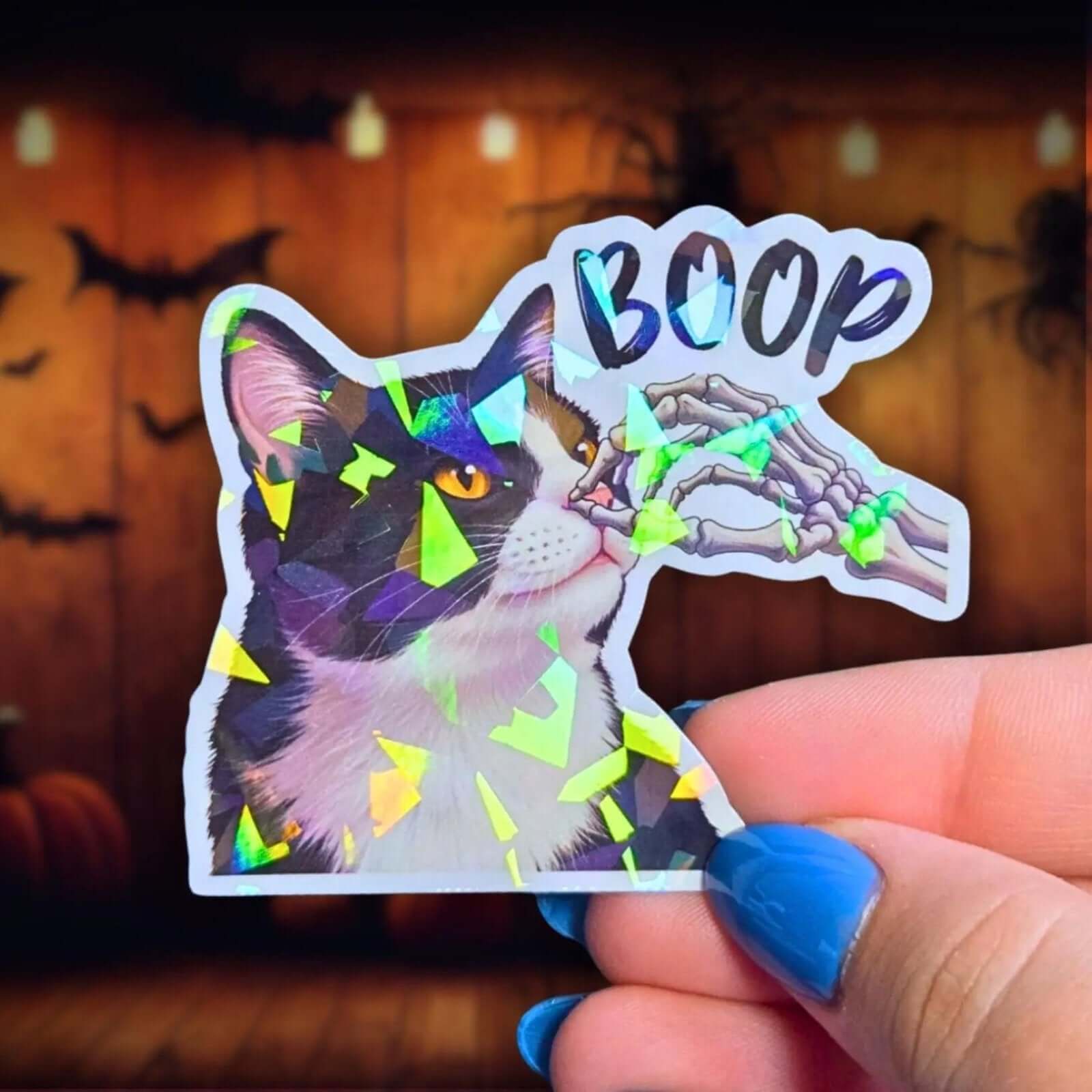 Skeleton Hand Booping Cat Nose - Sticker - Holographic Sticker | The TabbyLoaf