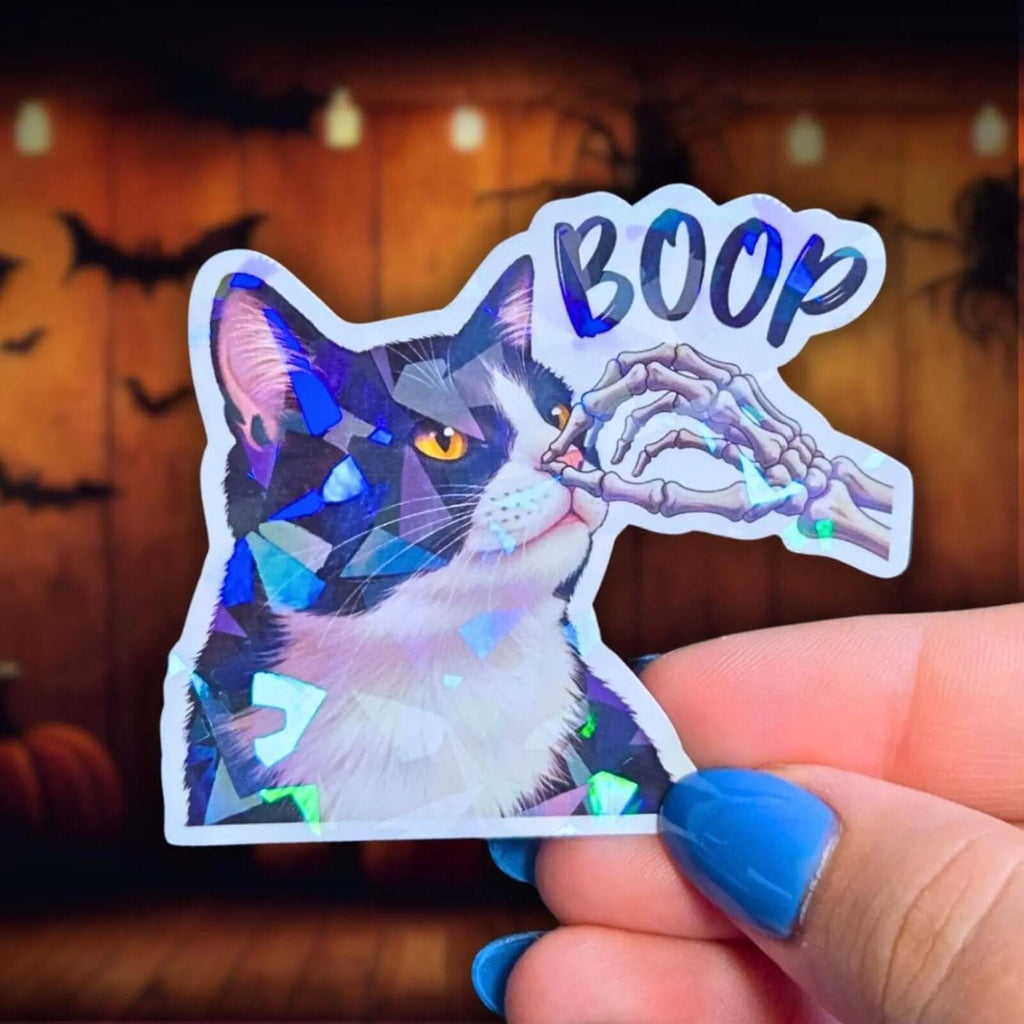 Skeleton Hand Booping Cat Nose - Sticker - Holographic Sticker | The TabbyLoaf