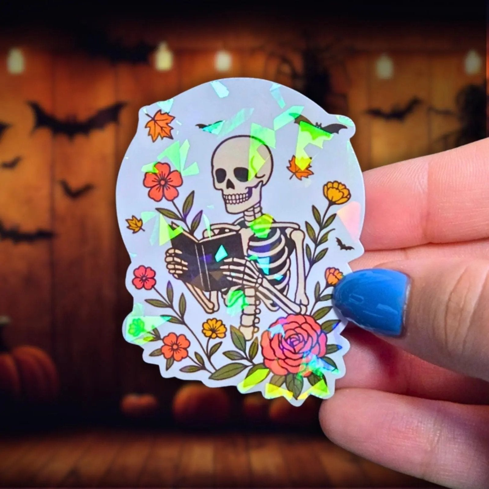 Skeleton Reading - Sticker - Holographic Sticker | The TabbyLoaf