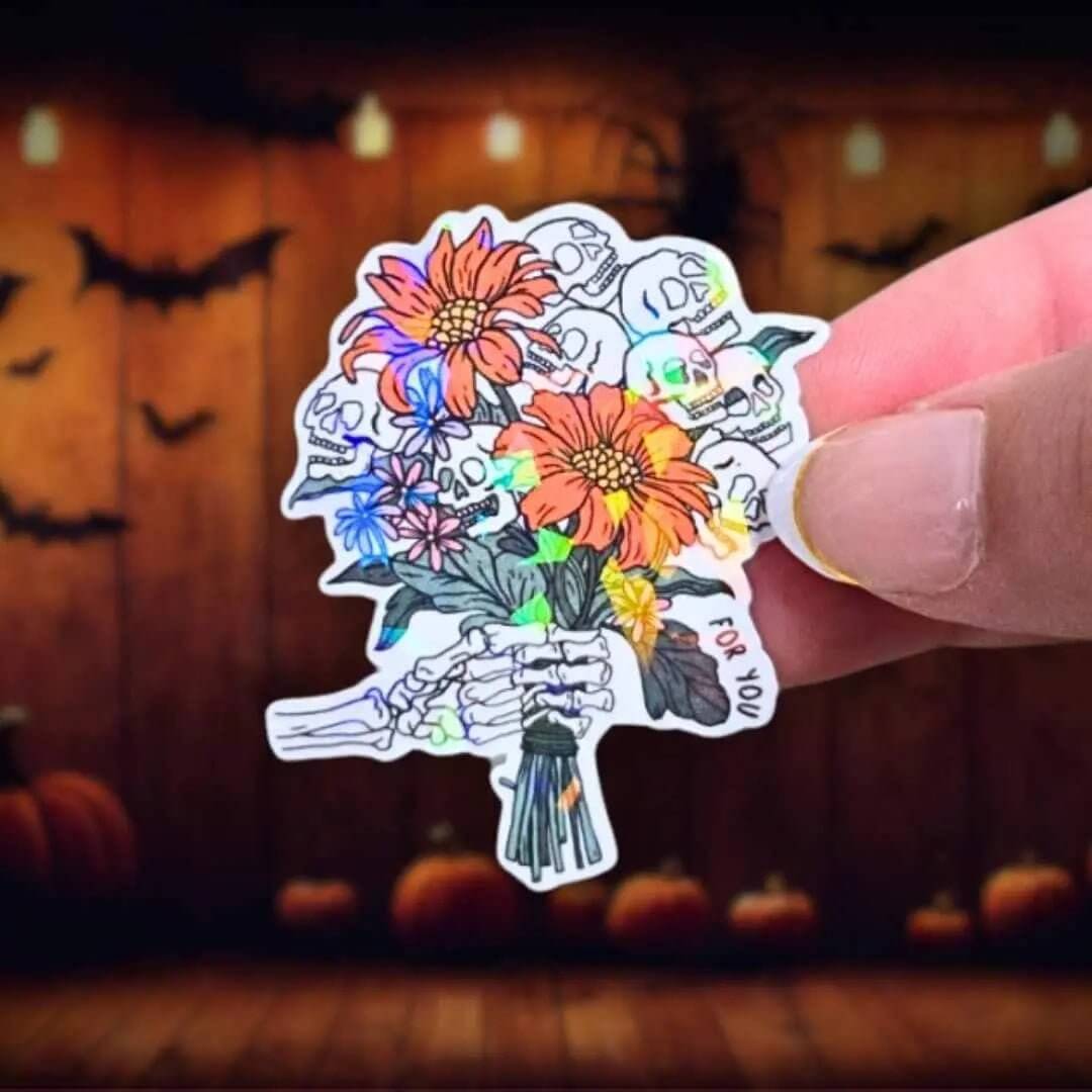 Skull Flower Bouquet - Sticker Holographic Skull & Flower Gothic Sticker | Spooky Cute Halloween Vinyl Sticker for Laptop Water Bottle Decor - Holographic Sticker | The TabbyLoaf