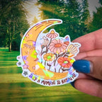 Take A Moment To Breathe - Sticker Holographic Moon & Flowers Vinyl Sticker, Self Care Positive Quote Laptop, Breath Reminder, Breathwork - Holographic Sticker | The TabbyLoaf
