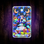 Gem holographic Basset Hound sticker with moons, stars, and floral details, celestial dog art for journals and collectors