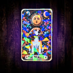 Gem holographic Beagle sticker with sun, moons, and floral stars, bright celestial dog art for journals and collectors