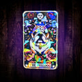Gem holographic Bulldog sticker with celestial moons, stars, and florals, radiant dog art for collectors and pet lovers