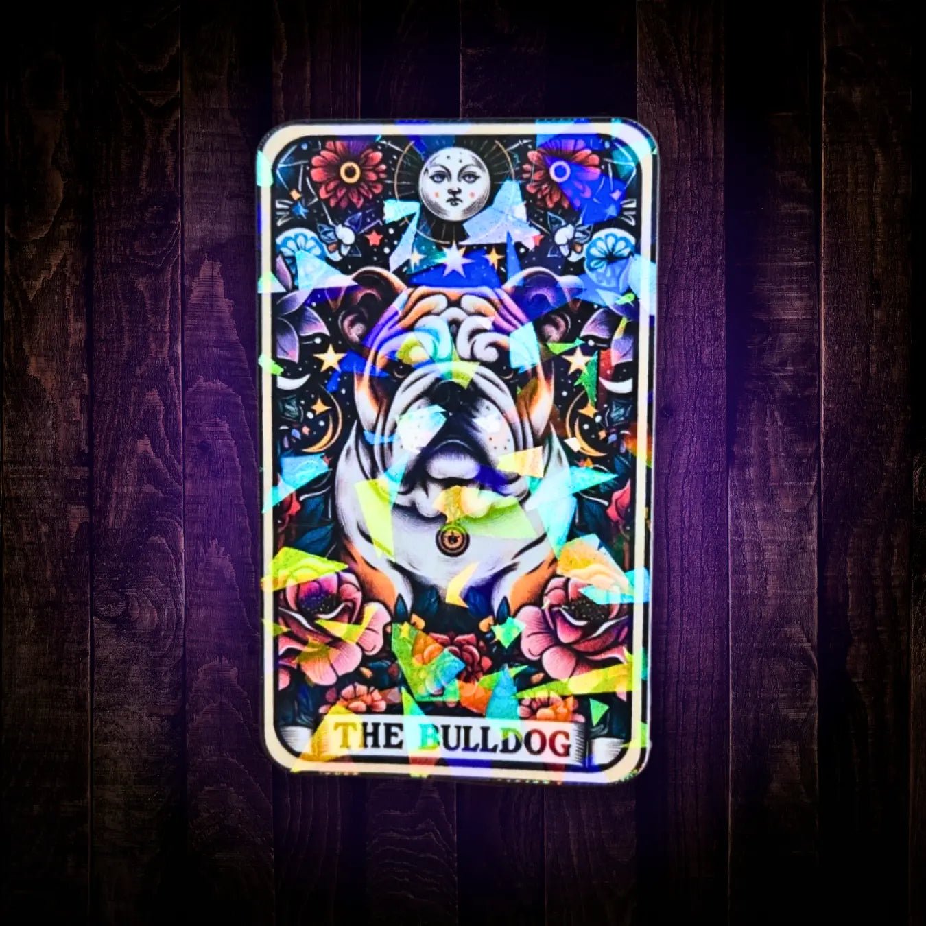 Gem holographic Bulldog sticker with celestial moons, stars, and florals, radiant dog art for collectors and pet lovers