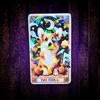 Gem holographic Corgi sticker with crescent moon, florals, and stars, magical dog art for collectors, laptop or journal decor