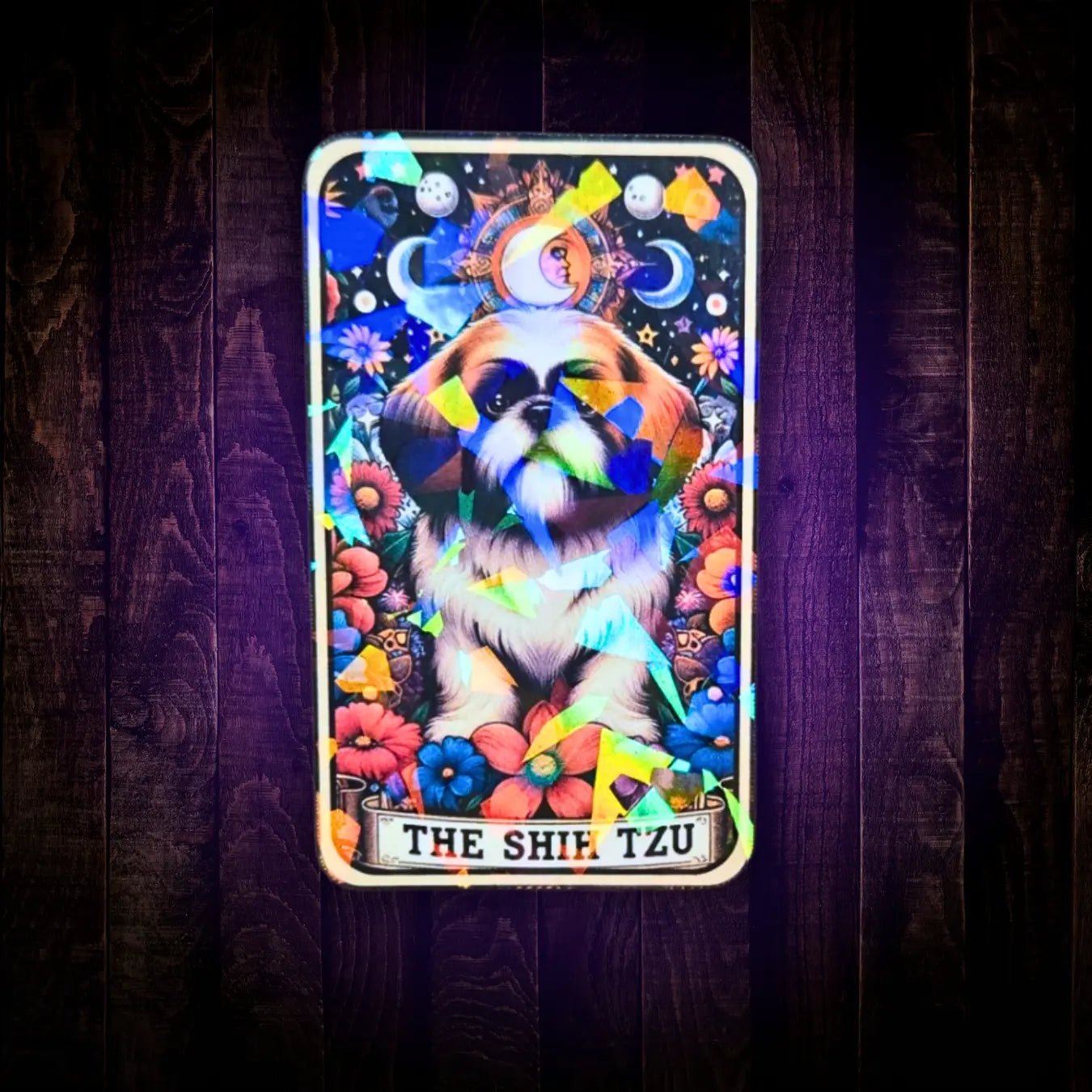 Gem holographic Shih Tzu sticker with celestial moons and floral frame, mystical dog art for journals and collectors