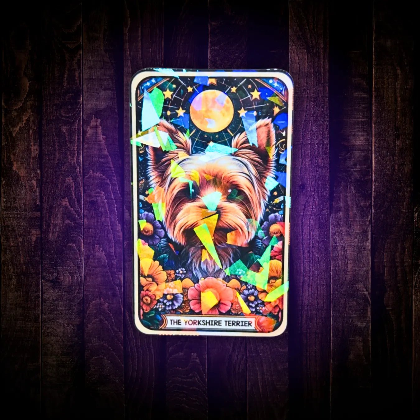 Gem holographic Yorkshire Terrier tarot‑style sticker with floral and moon design — mystical dog art for pet lovers and journals.