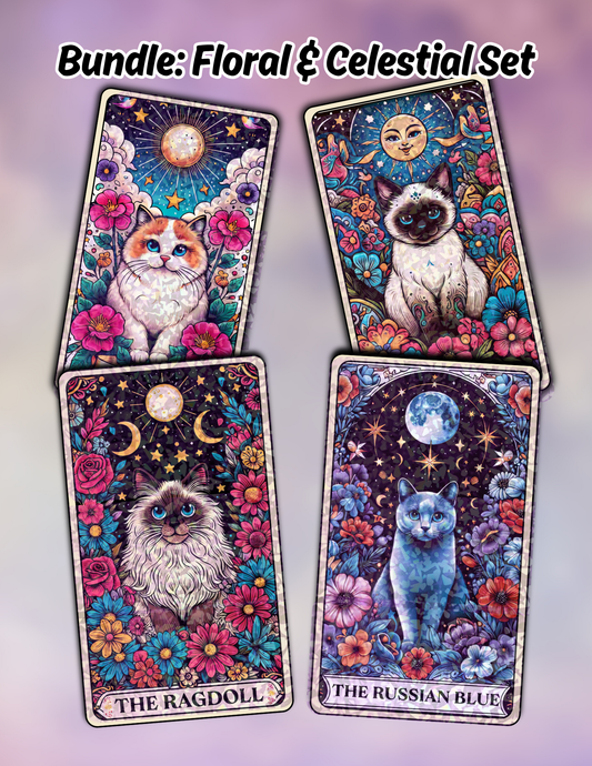 Bundle: Floral & Celestial Set – Holographic Cat Tarot Sticker
