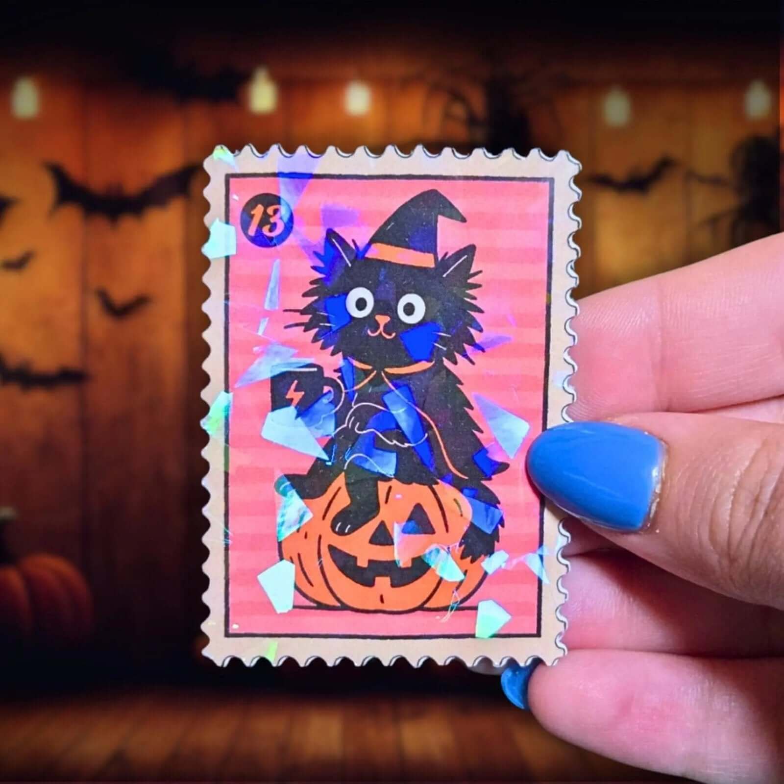 Witch Cat Pumpkin Stamp - Sticker - Holographic Sticker | The TabbyLoaf