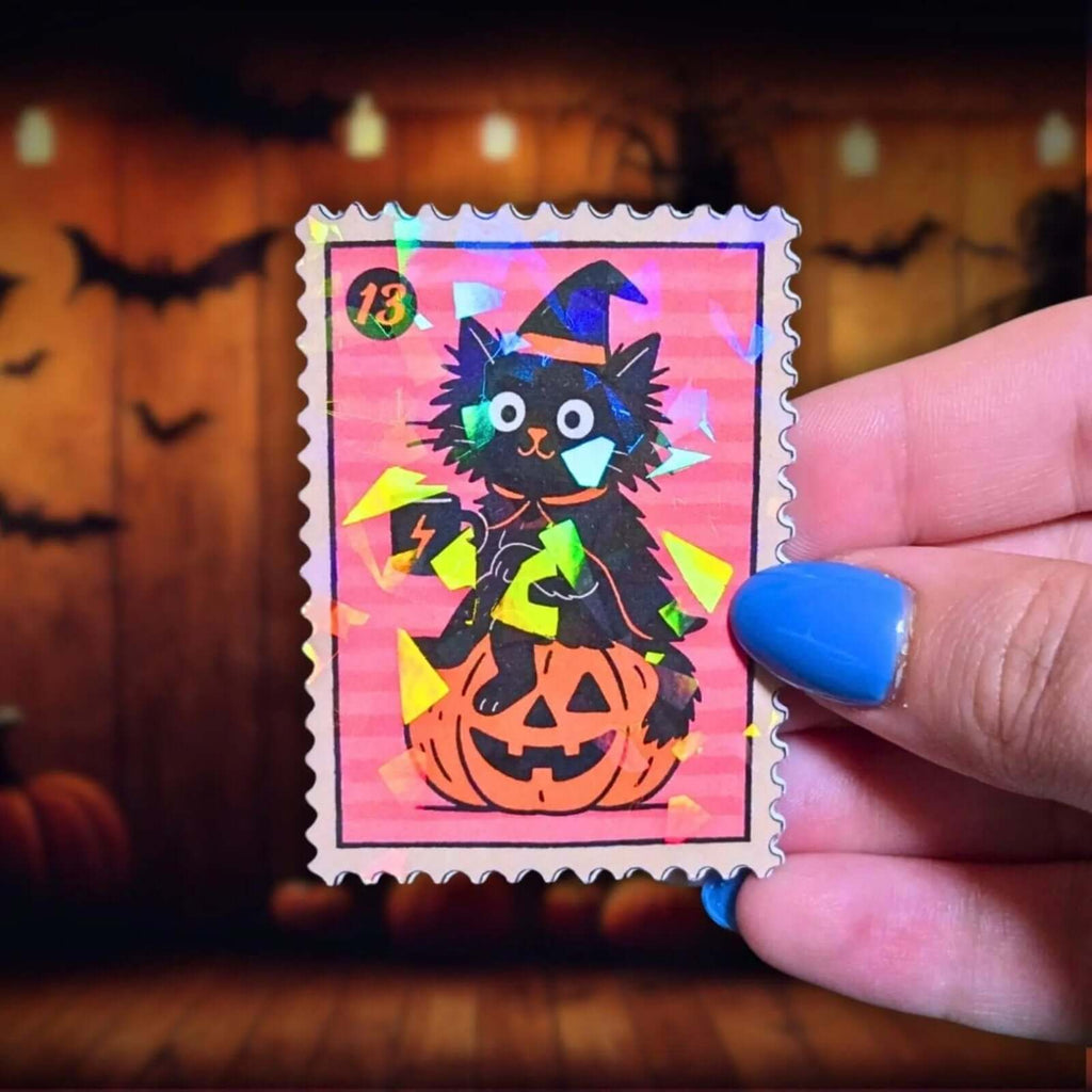 Witch Cat Pumpkin Stamp - Sticker - Holographic Sticker | The TabbyLoaf