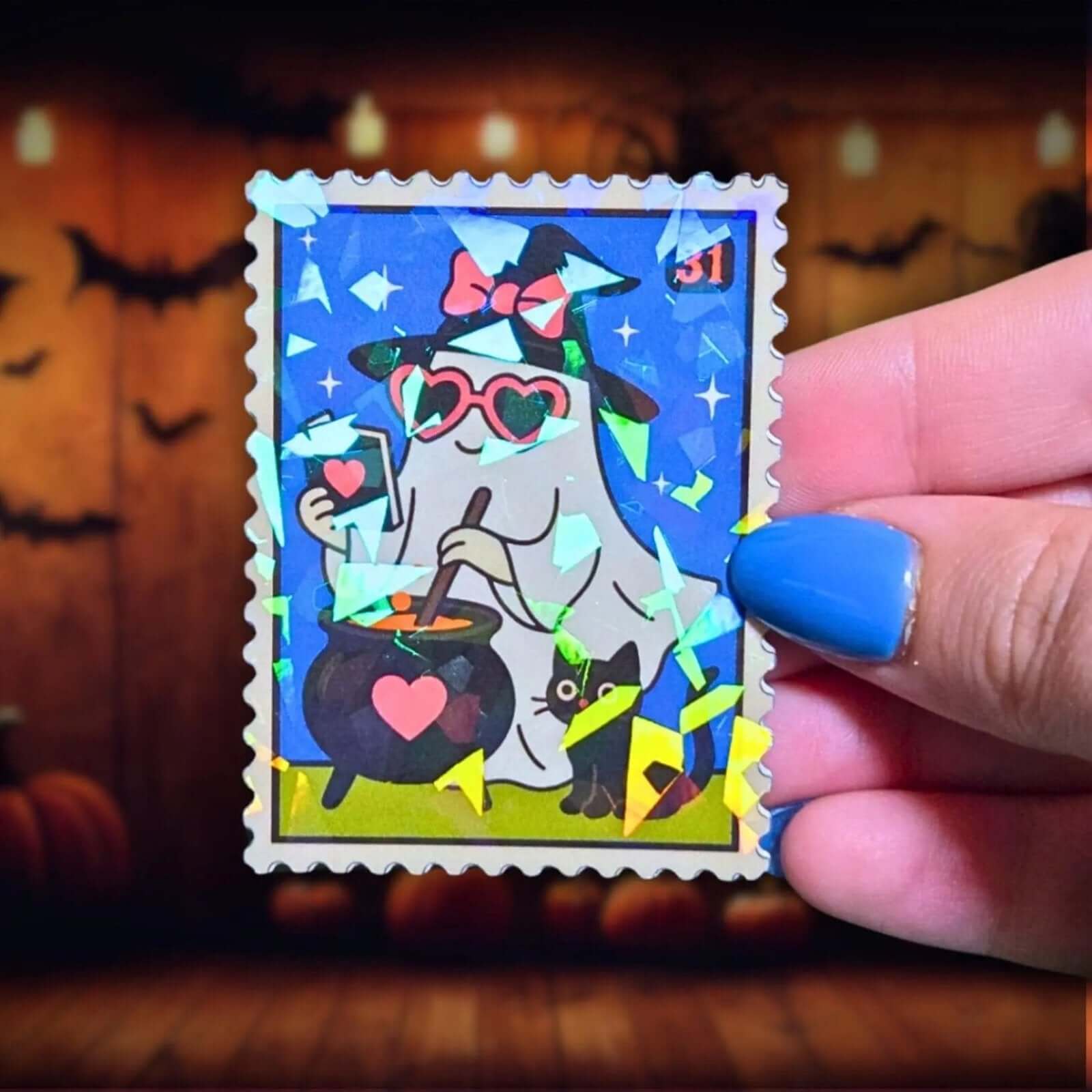 Witch Ghost Cauldron Stamp - Sticker - Holographic Sticker | The TabbyLoaf