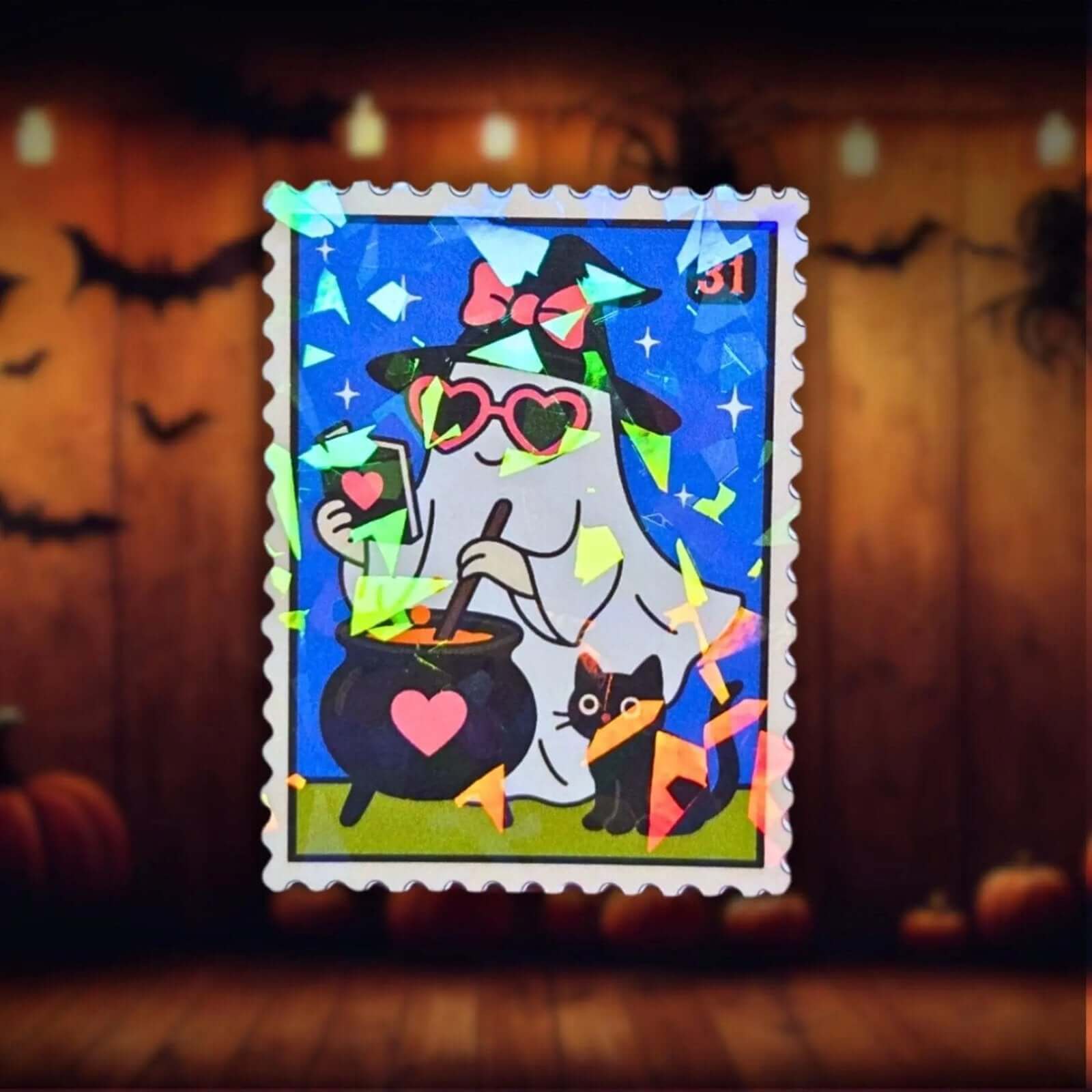 Witch Ghost Cauldron Stamp - Sticker - Holographic Sticker | The TabbyLoaf