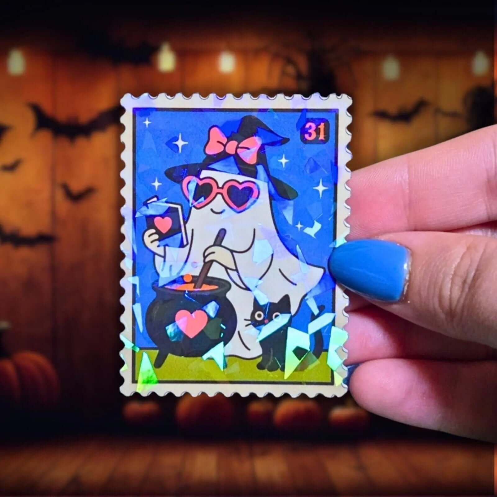 Witch Ghost Cauldron Stamp - Sticker - Holographic Sticker | The TabbyLoaf